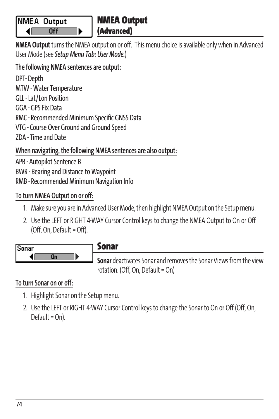 Nmea output, Sonar | Humminbird Matrix 67 User Manual | Page 80 / 88