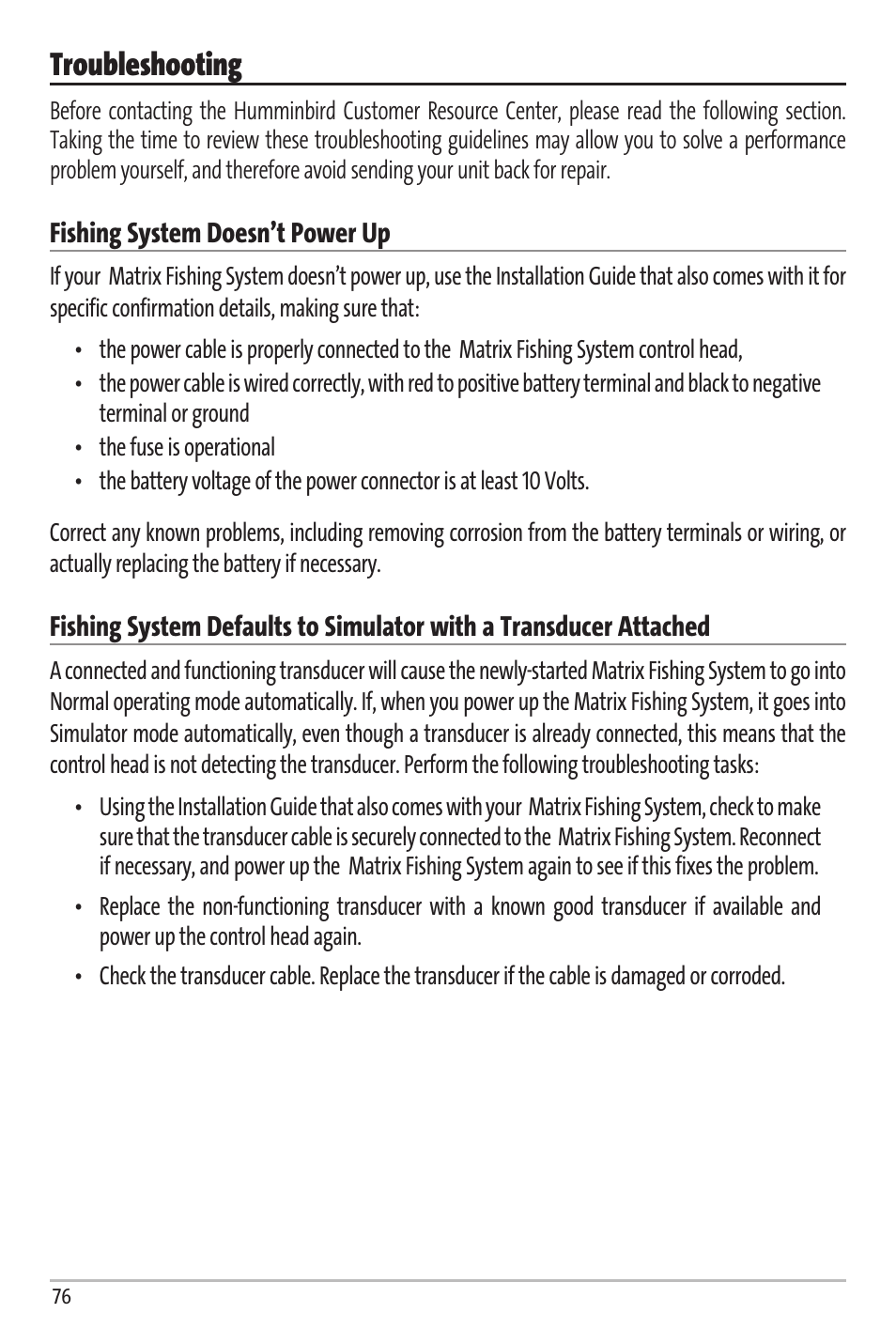 Troubleshooting | Humminbird Matrix 67 User Manual | Page 82 / 88