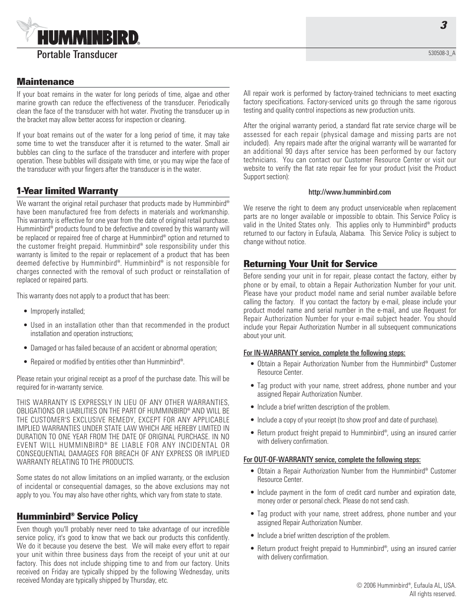 Portable transducer 3, Maintenance, Year limited warranty | Humminbird® service policy, Returning your unit for service | Humminbird 530508-3_A User Manual | Page 3 / 4