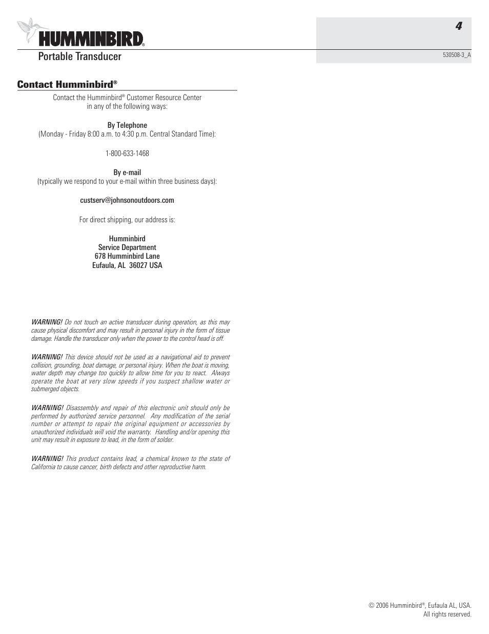 Portable transducer 4, Contact humminbird | Humminbird 530508-3_A User Manual | Page 4 / 4