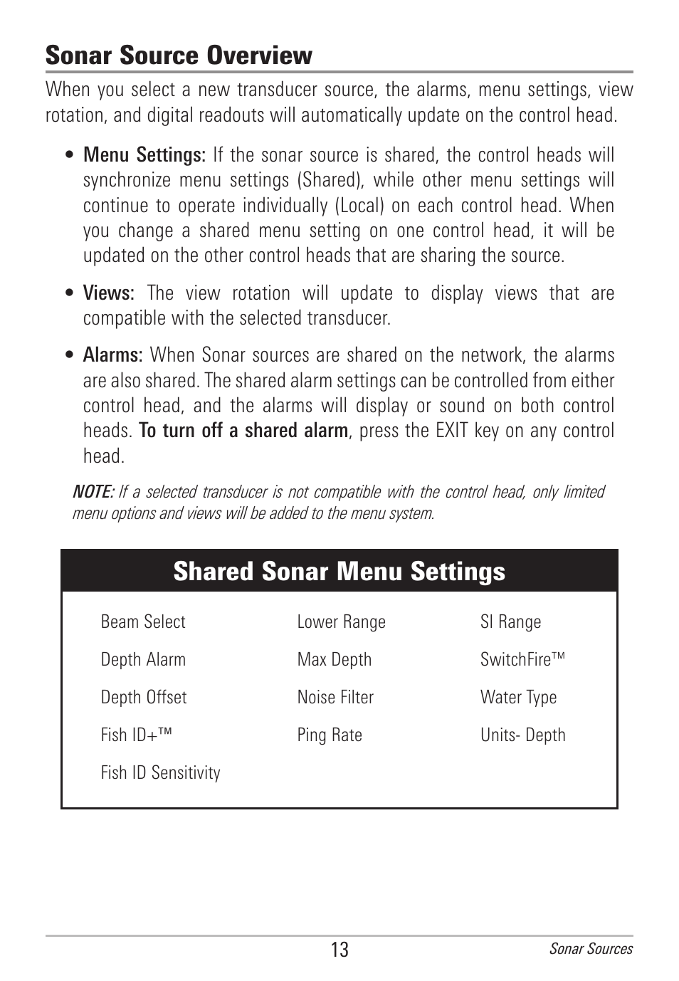 Sonar source overview, Shared sonar menu settings | Humminbird 531906-1EN_A User Manual | Page 19 / 39