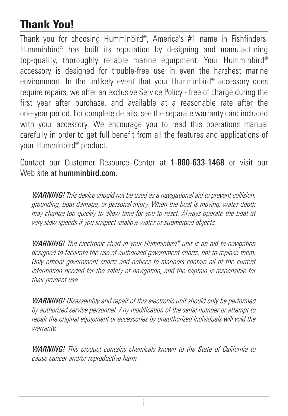 Thank you, Warnings | Humminbird 531906-1EN_A User Manual | Page 2 / 39