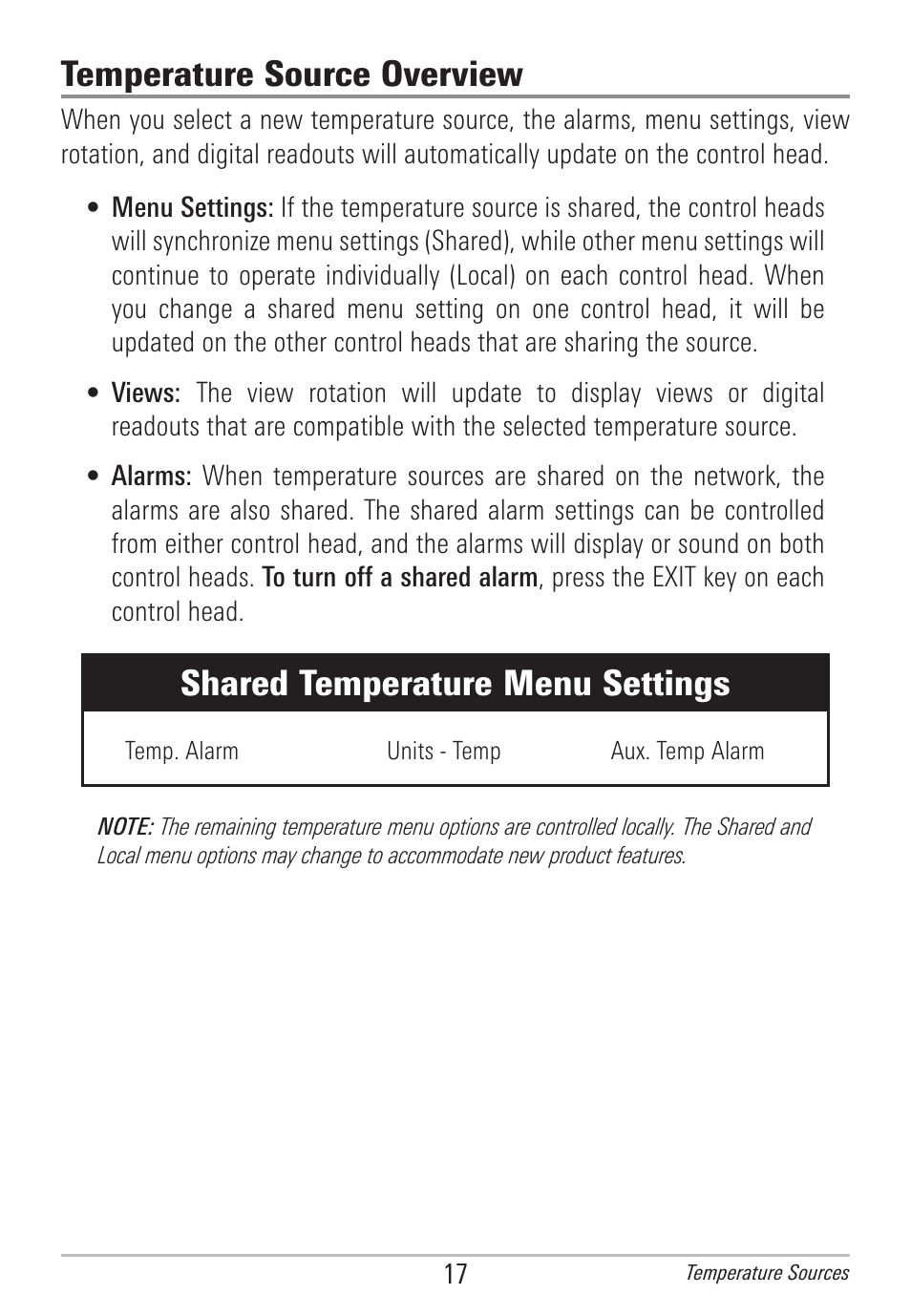 Temperature source overview, Shared temperature menu settings | Humminbird 531906-1EN_A User Manual | Page 23 / 39