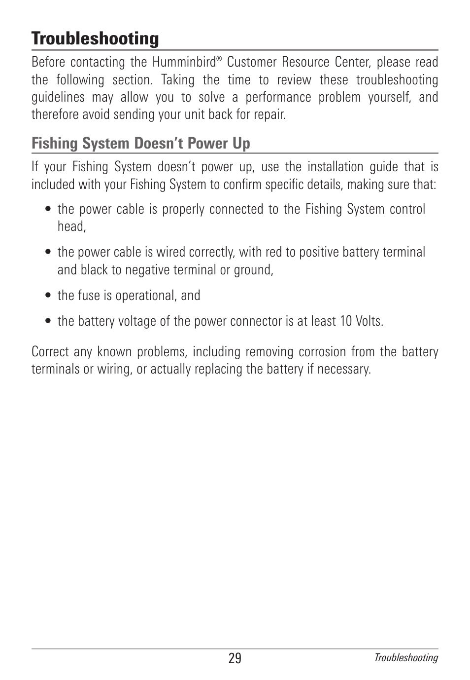 Troubleshooting, Fishing system doesn’t power up | Humminbird 531906-1EN_A User Manual | Page 35 / 39