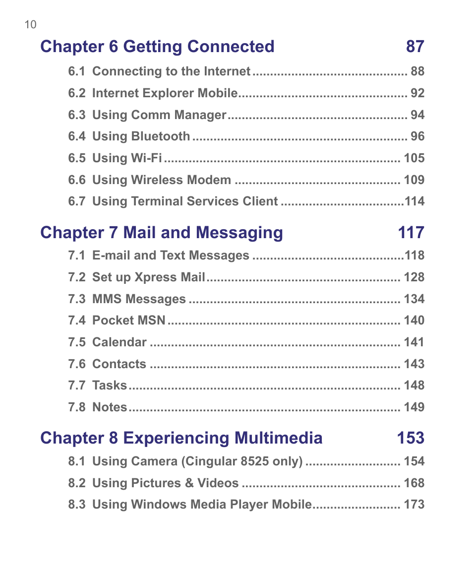 Chapter 6 getting connected 87, Chapter 7 mail and messaging 117, Chapter 8 experiencing multimedia 153 | HTC 8500 User Manual | Page 10 / 212