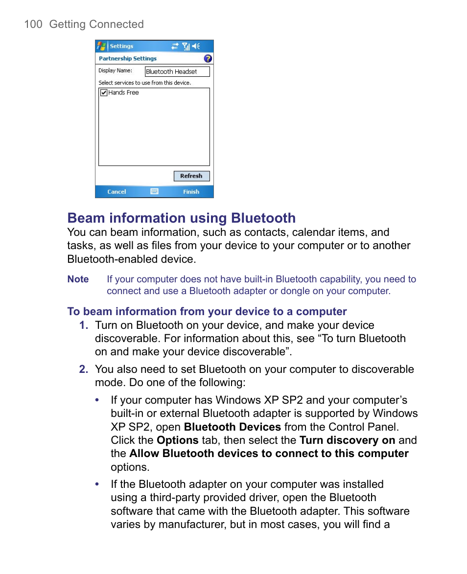 Beam information using bluetooth | HTC 8500 User Manual | Page 100 / 212