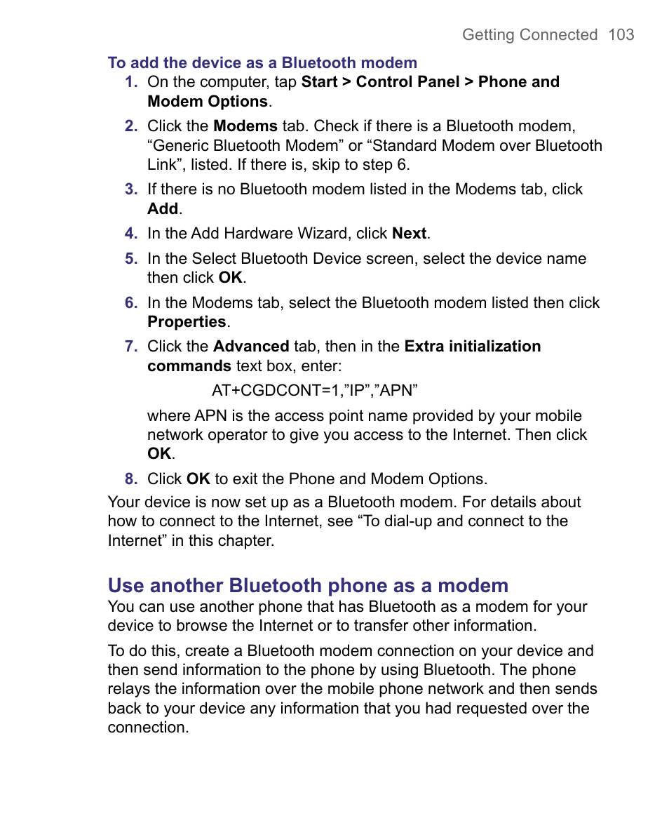 Use another bluetooth phone as a modem | HTC 8500 User Manual | Page 103 / 212