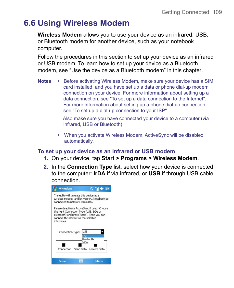 6 using wireless modem | HTC 8500 User Manual | Page 109 / 212