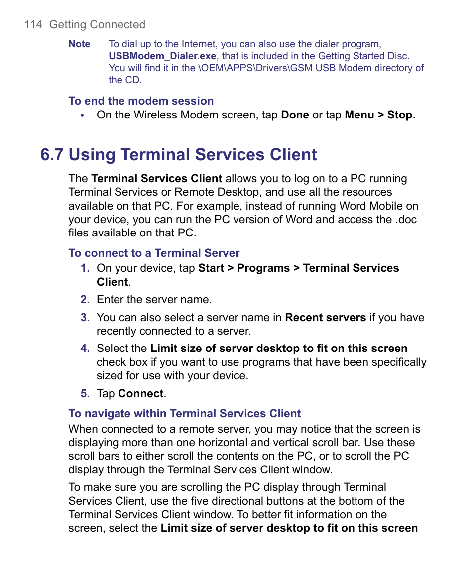 7 using terminal services client | HTC 8500 User Manual | Page 114 / 212