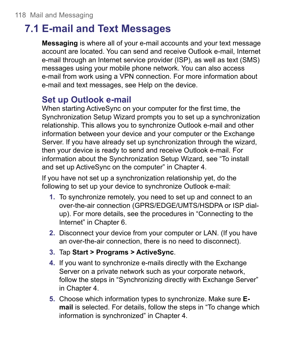 1 e-mail and text messages, Set up outlook e-mail | HTC 8500 User Manual | Page 118 / 212