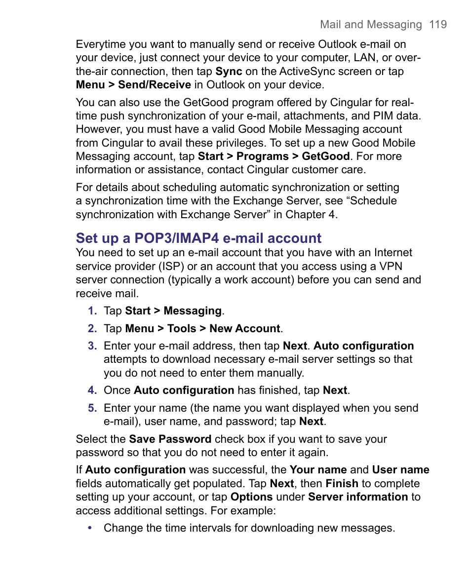 Set up a pop3/imap4 e-mail account | HTC 8500 User Manual | Page 119 / 212