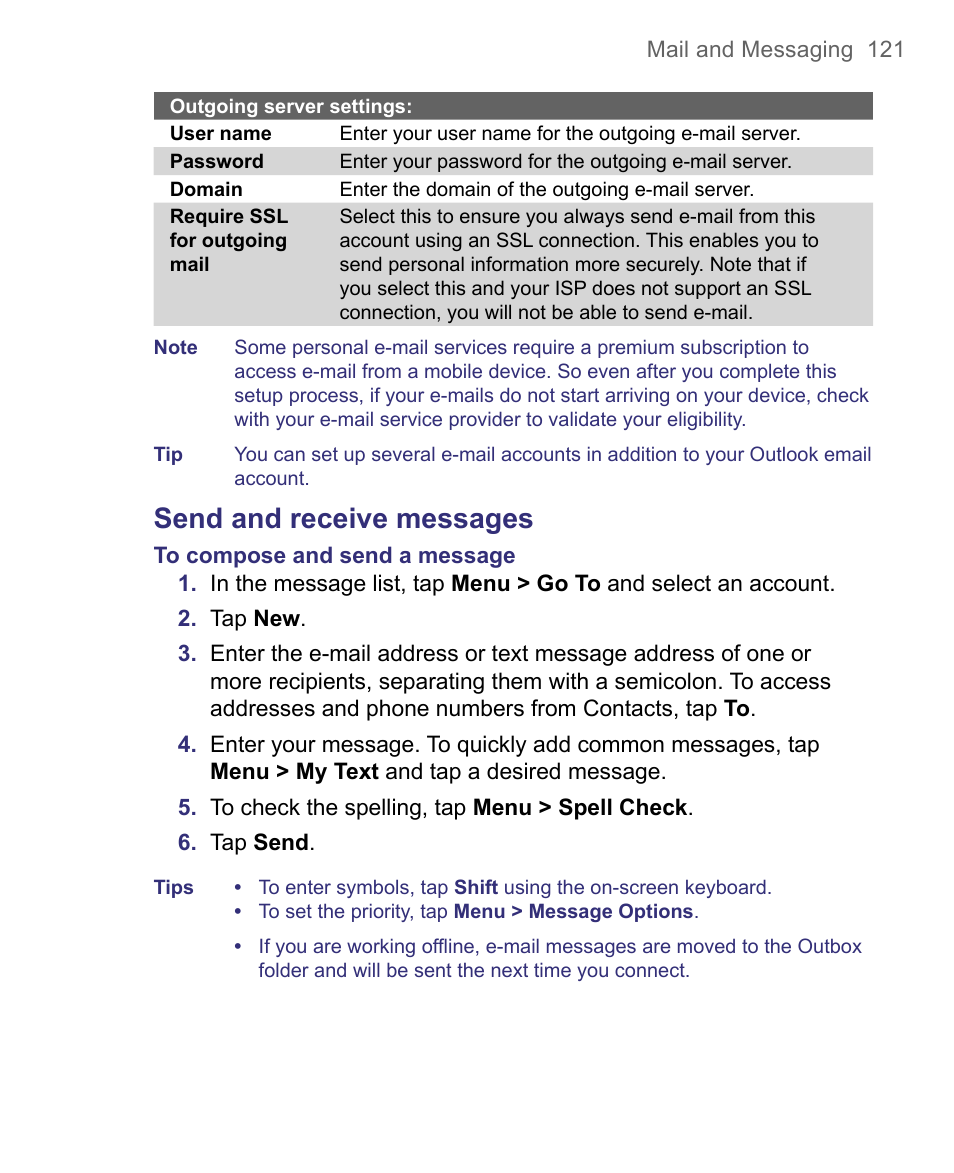 Send and receive messages | HTC 8500 User Manual | Page 121 / 212