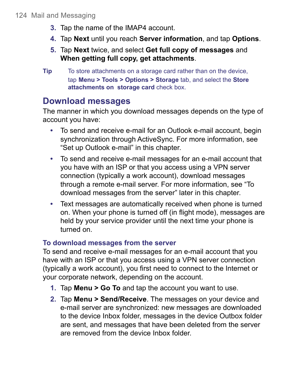 Download messages | HTC 8500 User Manual | Page 124 / 212