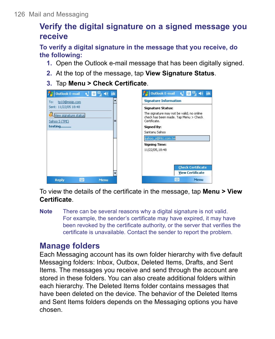 Manage folders | HTC 8500 User Manual | Page 126 / 212