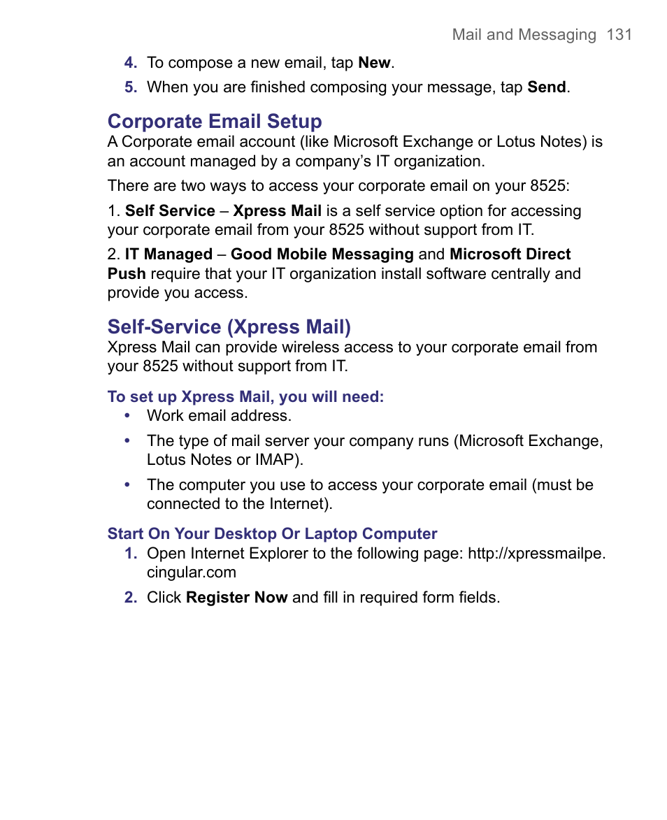 Corporate email setup, Self-service (xpress mail) | HTC 8500 User Manual | Page 131 / 212