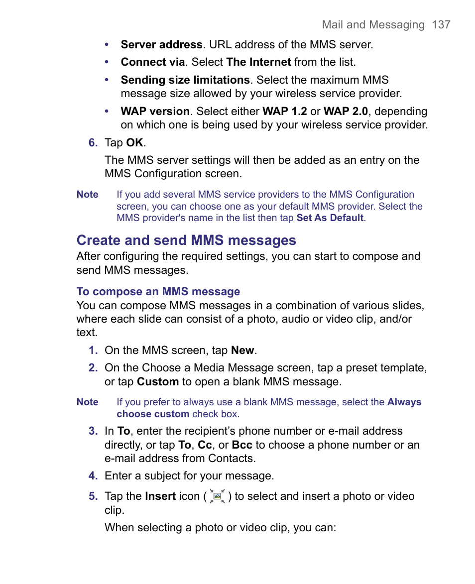 Create and send mms messages | HTC 8500 User Manual | Page 137 / 212