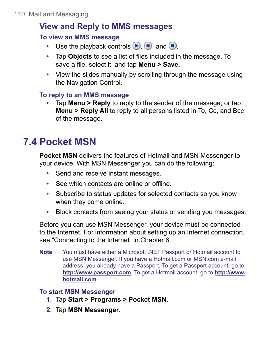 4 pocket msn, View and reply to mms messages | HTC 8500 User Manual | Page 140 / 212