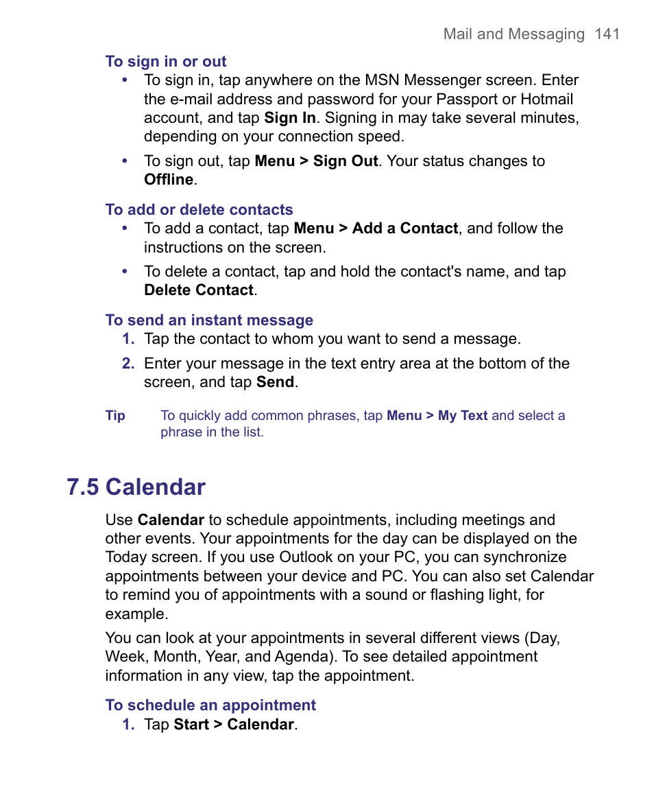 5 calendar | HTC 8500 User Manual | Page 141 / 212