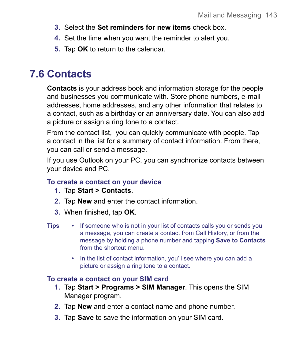6 contacts | HTC 8500 User Manual | Page 143 / 212