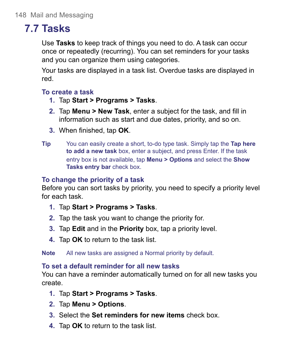 7 tasks | HTC 8500 User Manual | Page 148 / 212