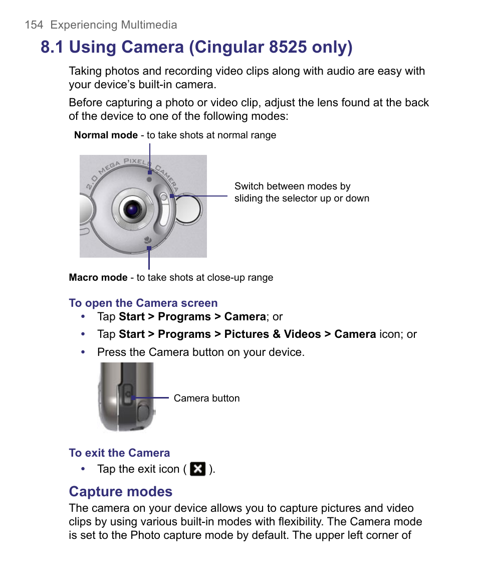 Using camera (cingular 8525 only), Capture modes | HTC 8500 User Manual | Page 154 / 212