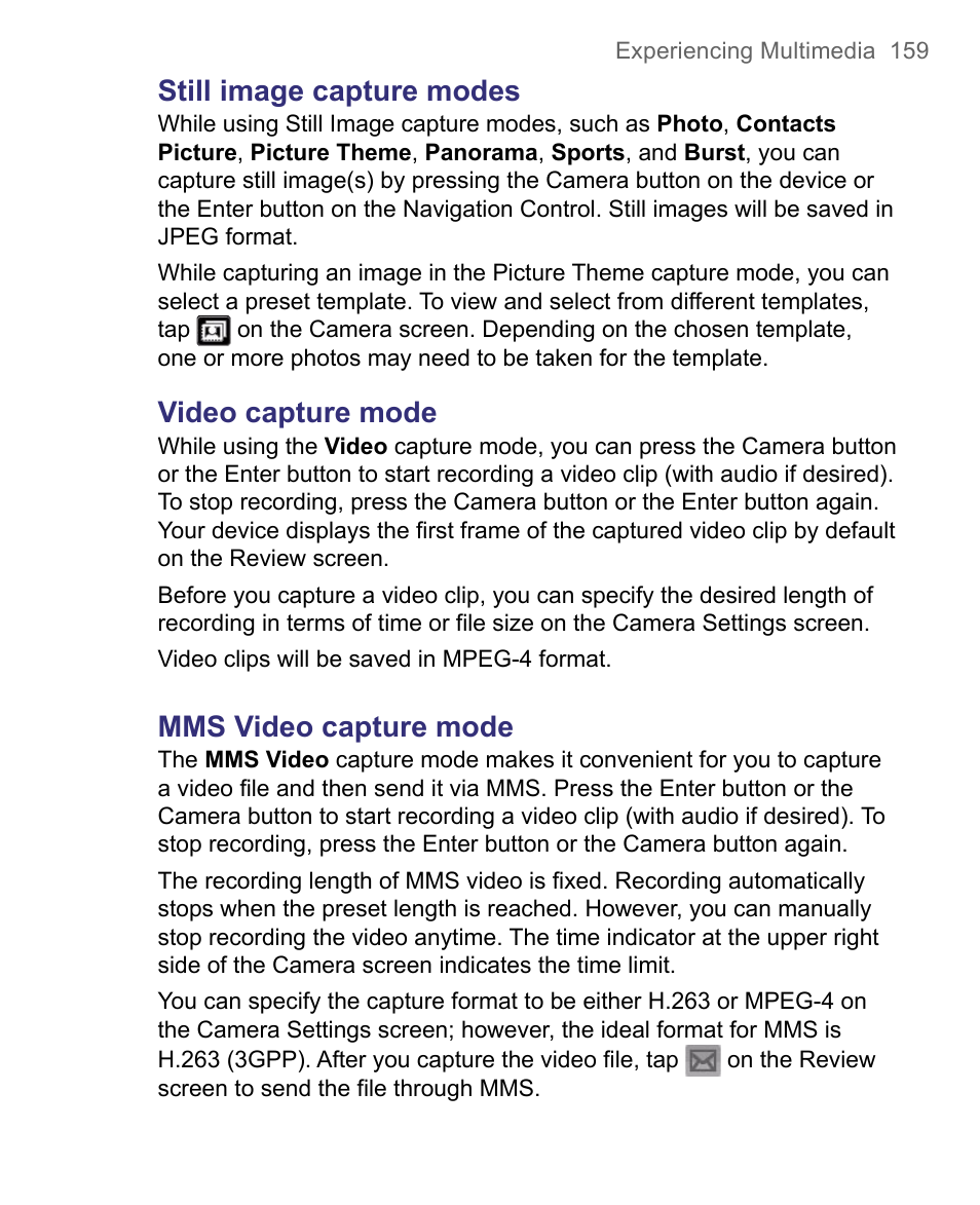 Still image capture modes, Video capture mode, Mms video capture mode | HTC 8500 User Manual | Page 159 / 212
