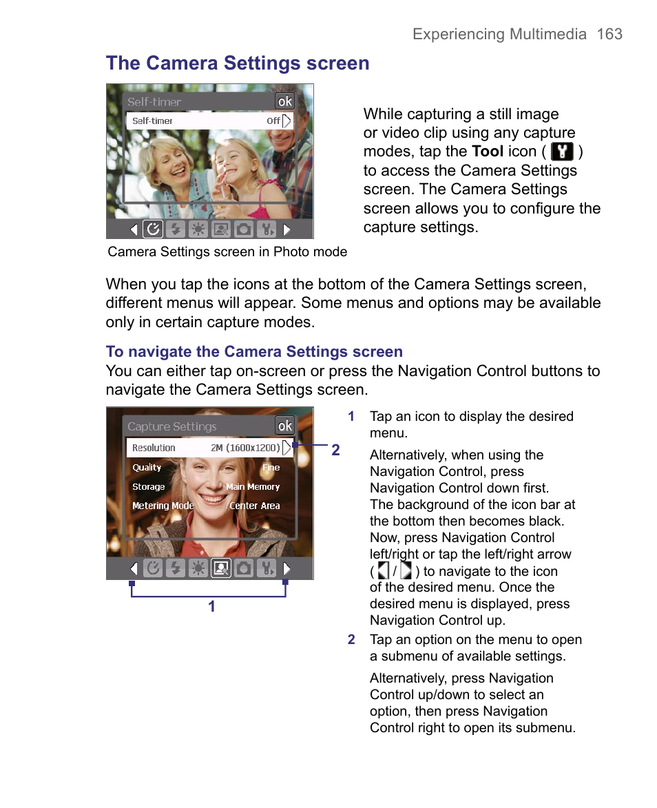 The camera settings screen | HTC 8500 User Manual | Page 163 / 212