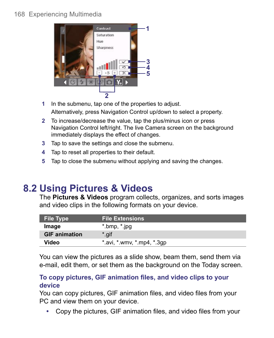 Using pictures & videos, 2 using pictures & videos | HTC 8500 User Manual | Page 168 / 212