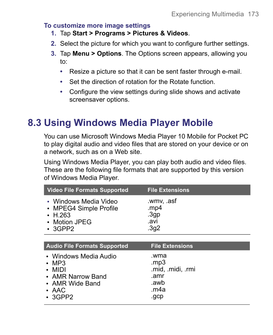 Using windows media player mobile, 3 using windows media player mobile | HTC 8500 User Manual | Page 173 / 212