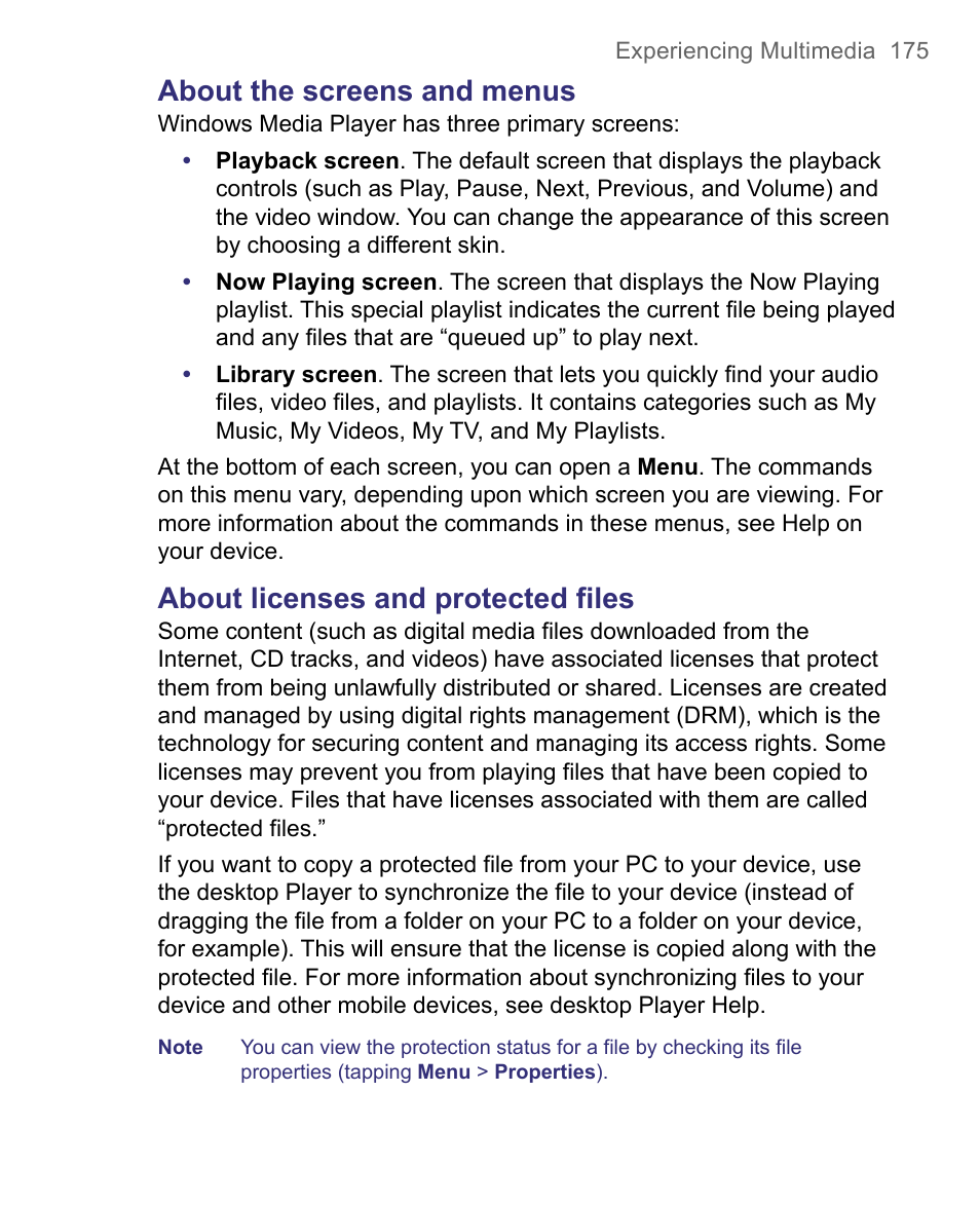 About the screens and menus, About licenses and protected files | HTC 8500 User Manual | Page 175 / 212