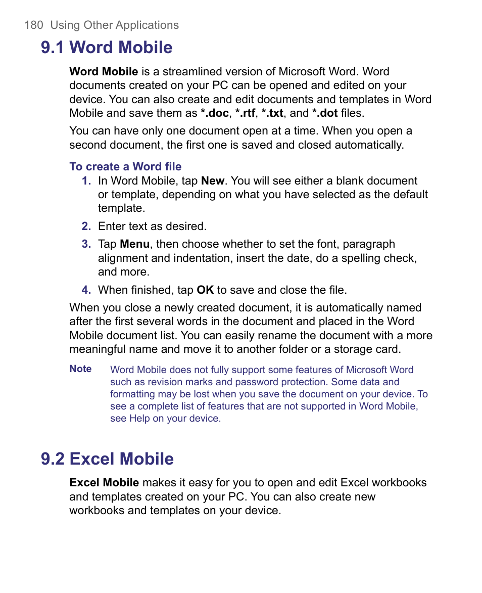 1 word mobile, 2 excel mobile | HTC 8500 User Manual | Page 180 / 212
