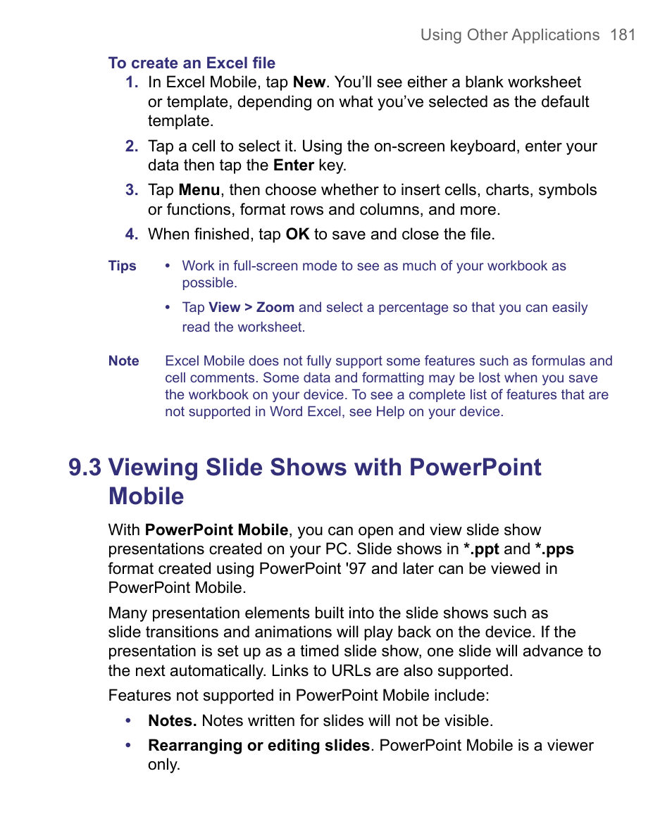 3 viewing slide shows with powerpoint, Mobile, 3 viewing slide shows with powerpoint mobile | HTC 8500 User Manual | Page 181 / 212