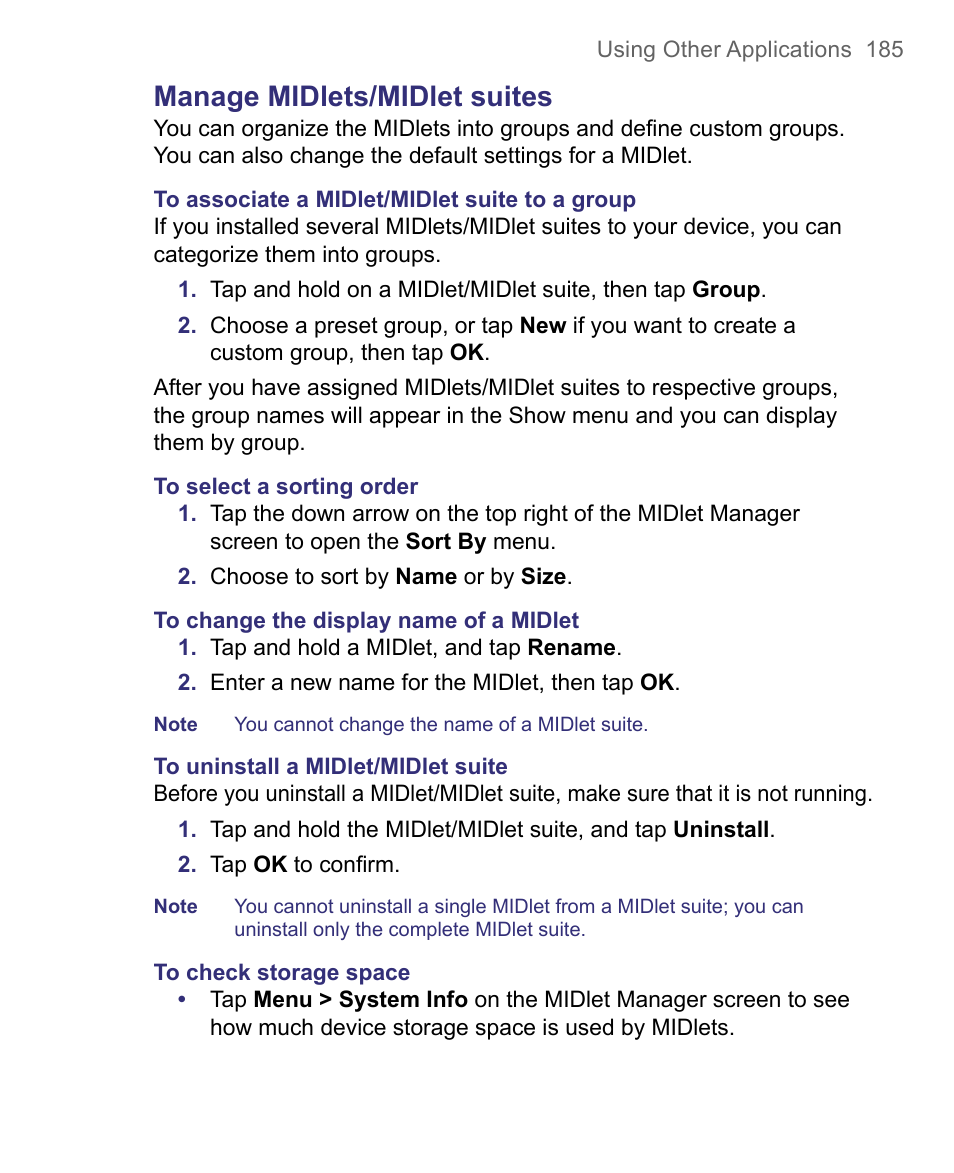 Manage midlets/midlet suites | HTC 8500 User Manual | Page 185 / 212
