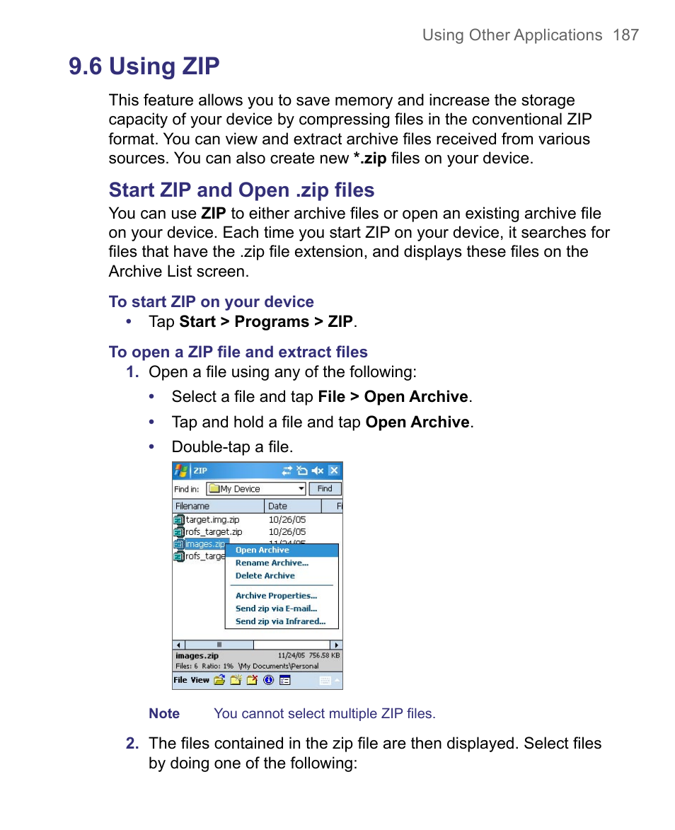 6 using zip, Start zip and open .zip files | HTC 8500 User Manual | Page 187 / 212