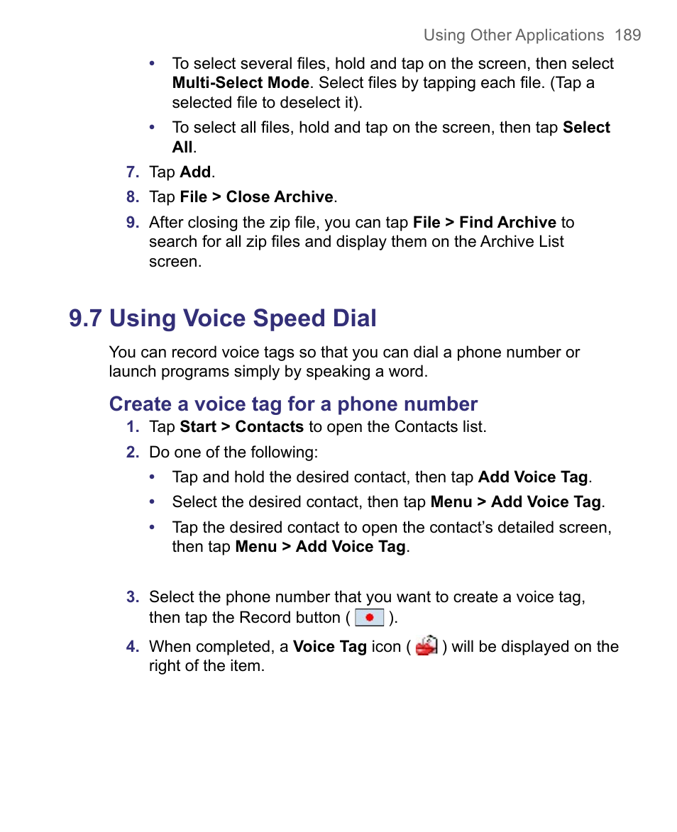 7 using voice speed dial, Create a voice tag for a phone number | HTC 8500 User Manual | Page 189 / 212