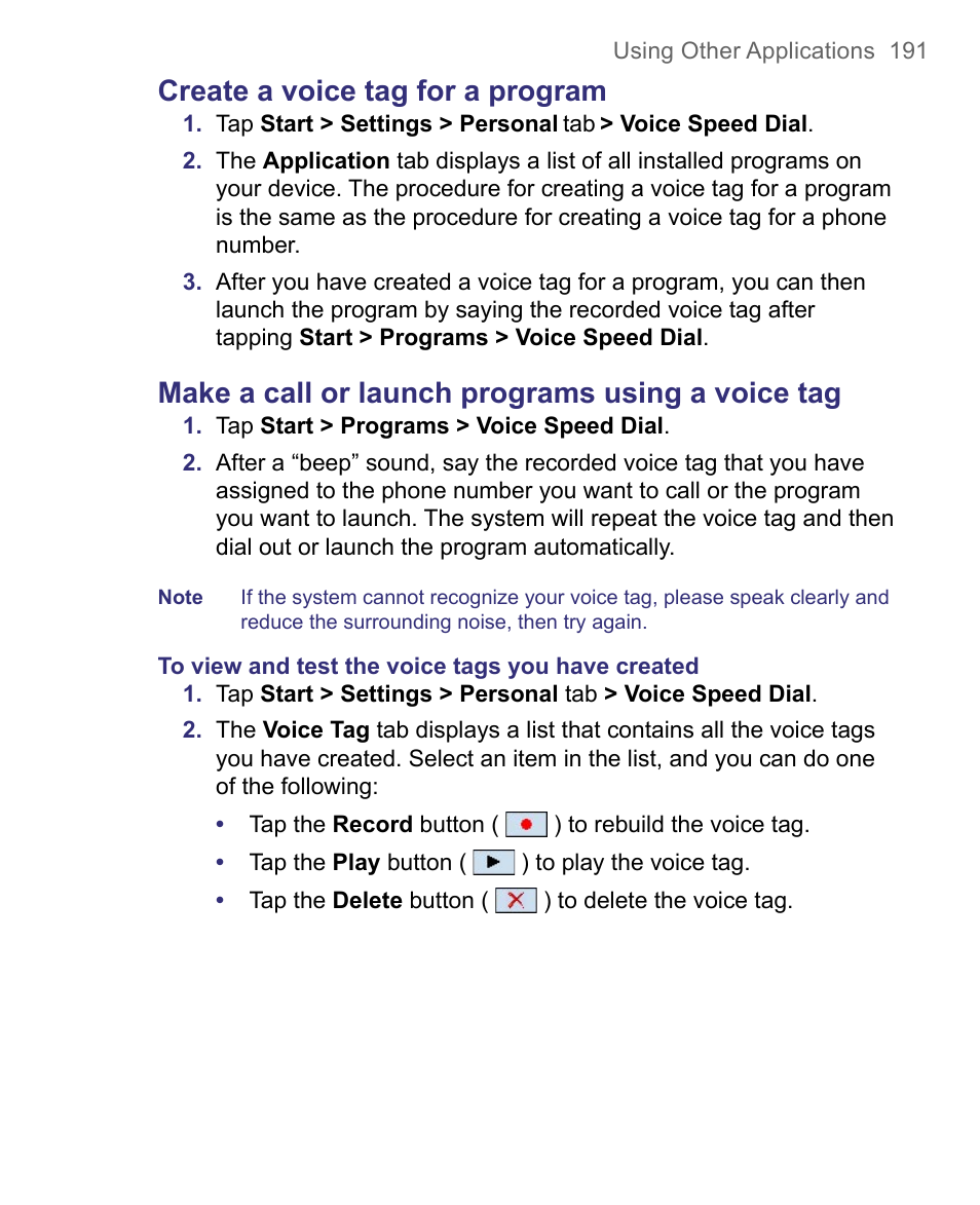 Create a voice tag for a program, Make a call or launch programs using a voice tag | HTC 8500 User Manual | Page 191 / 212