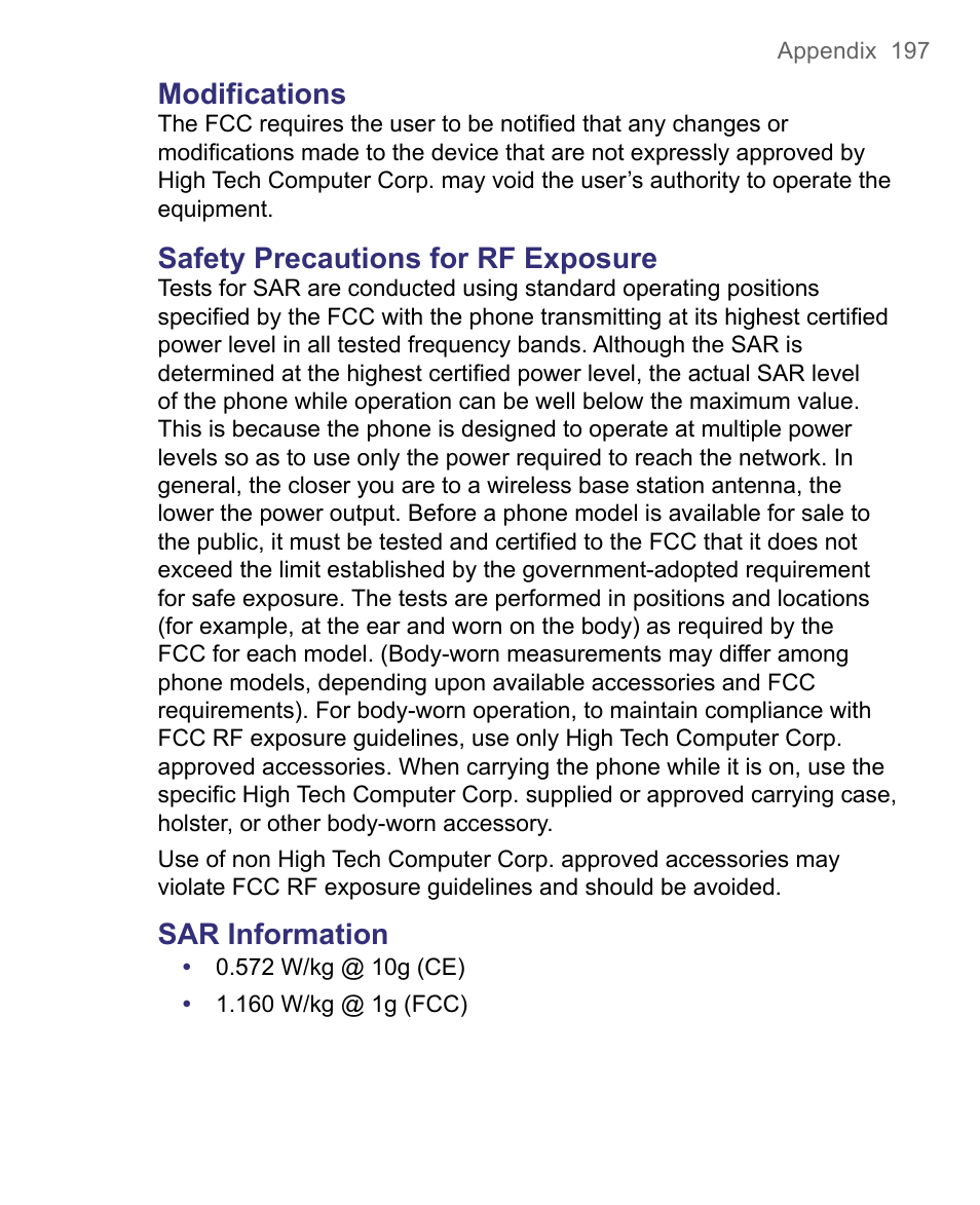Modifications, Safety precautions for rf exposure, Sar information | HTC 8500 User Manual | Page 197 / 212