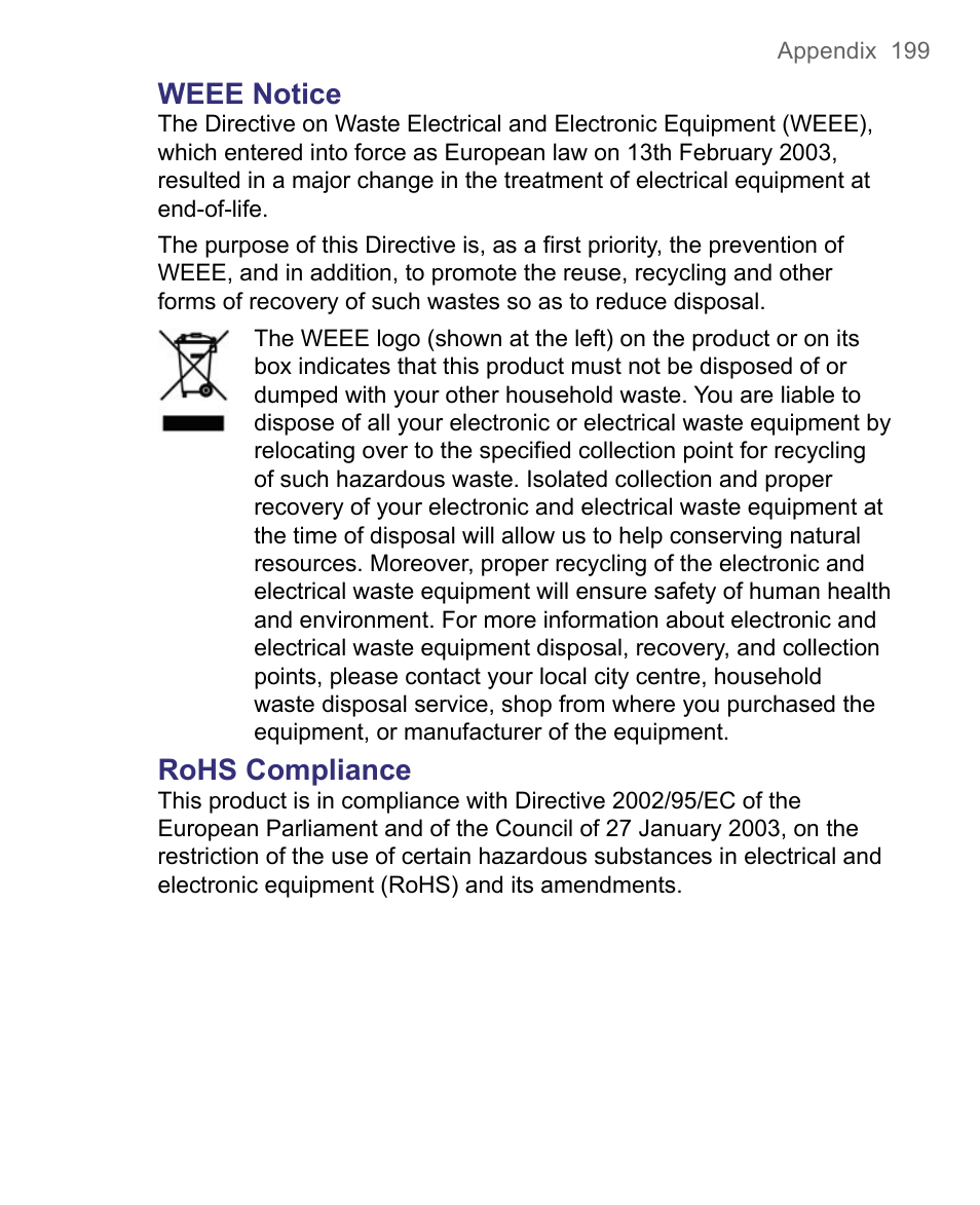 Weee notice, Rohs compliance | HTC 8500 User Manual | Page 199 / 212