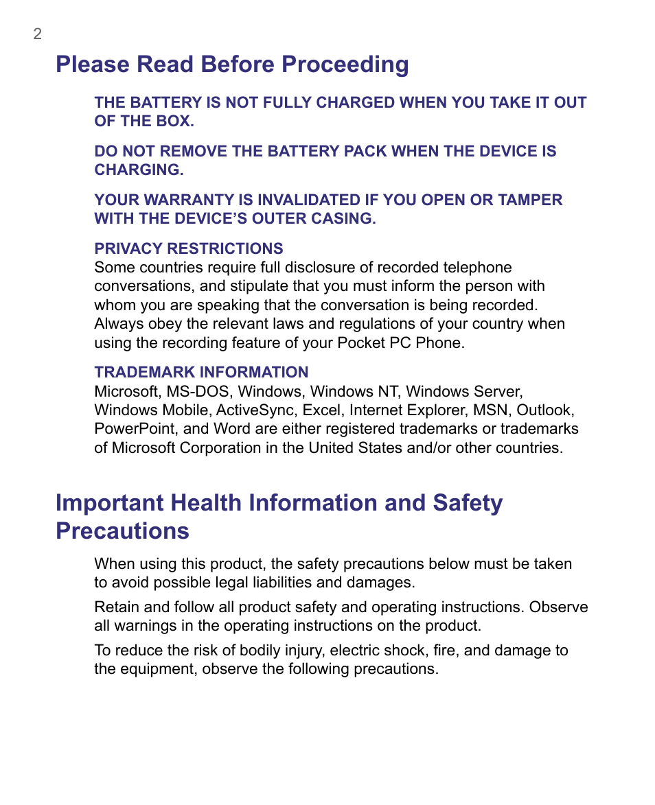 Please read before proceeding | HTC 8500 User Manual | Page 2 / 212