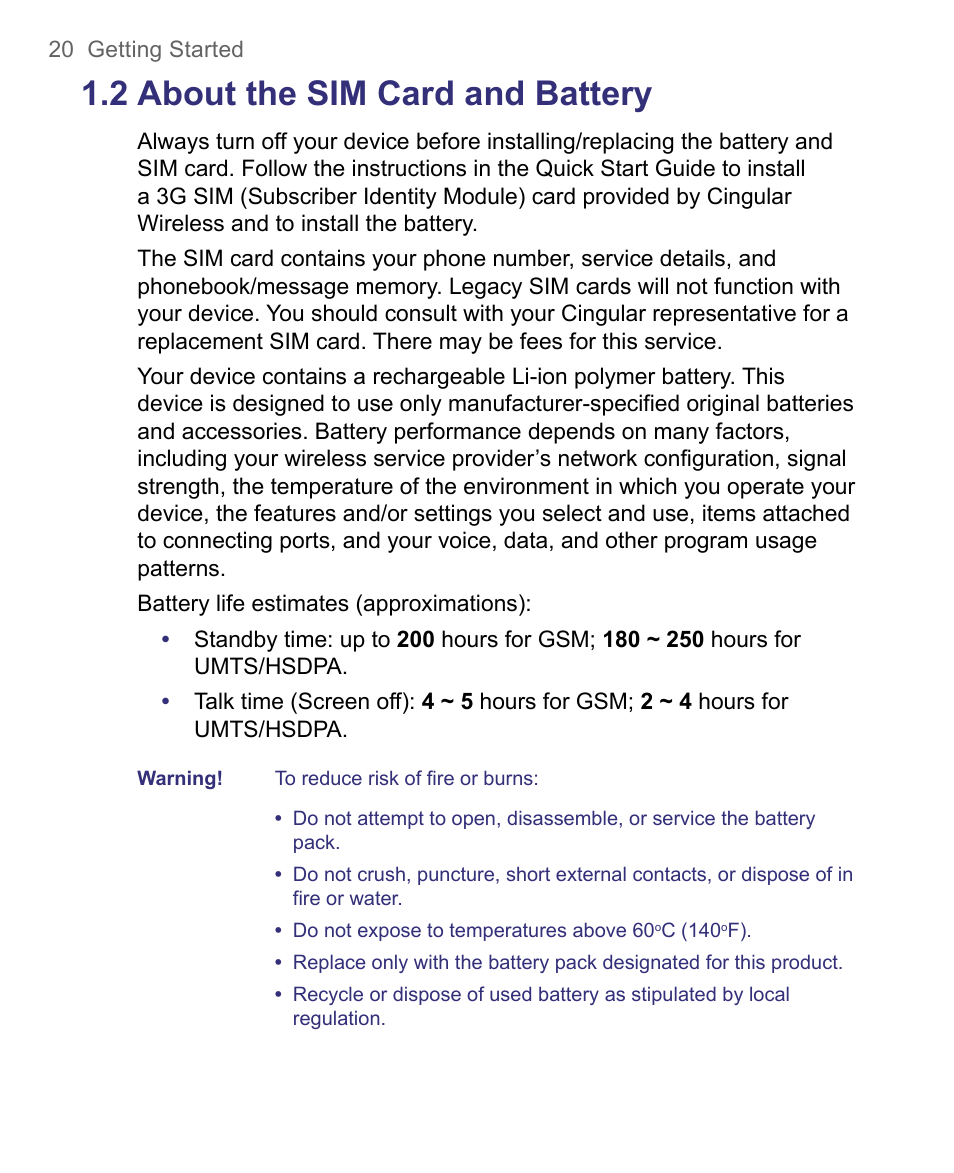 2 about the sim card and battery | HTC 8500 User Manual | Page 20 / 212
