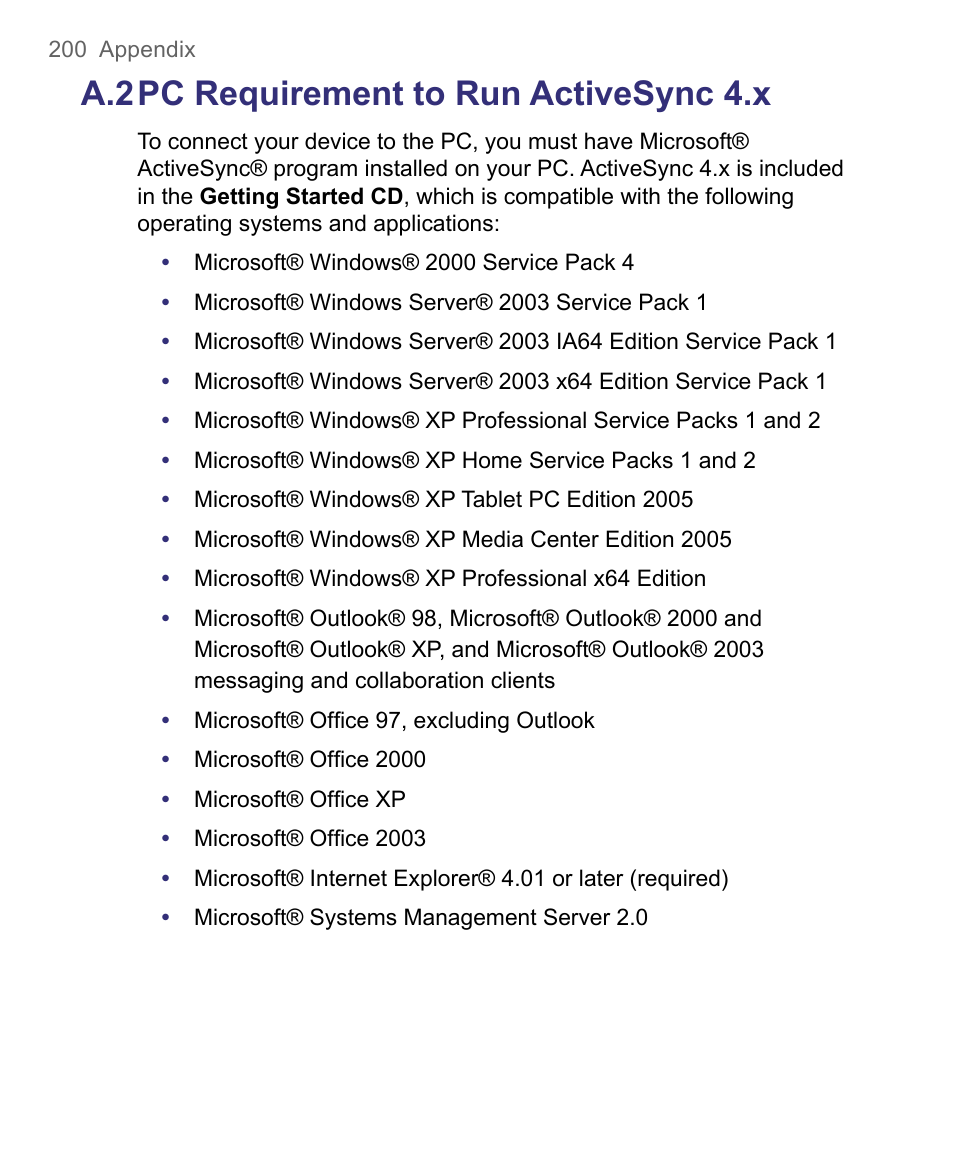 A.2 pc requirement to run activesync 4.x | HTC 8500 User Manual | Page 200 / 212