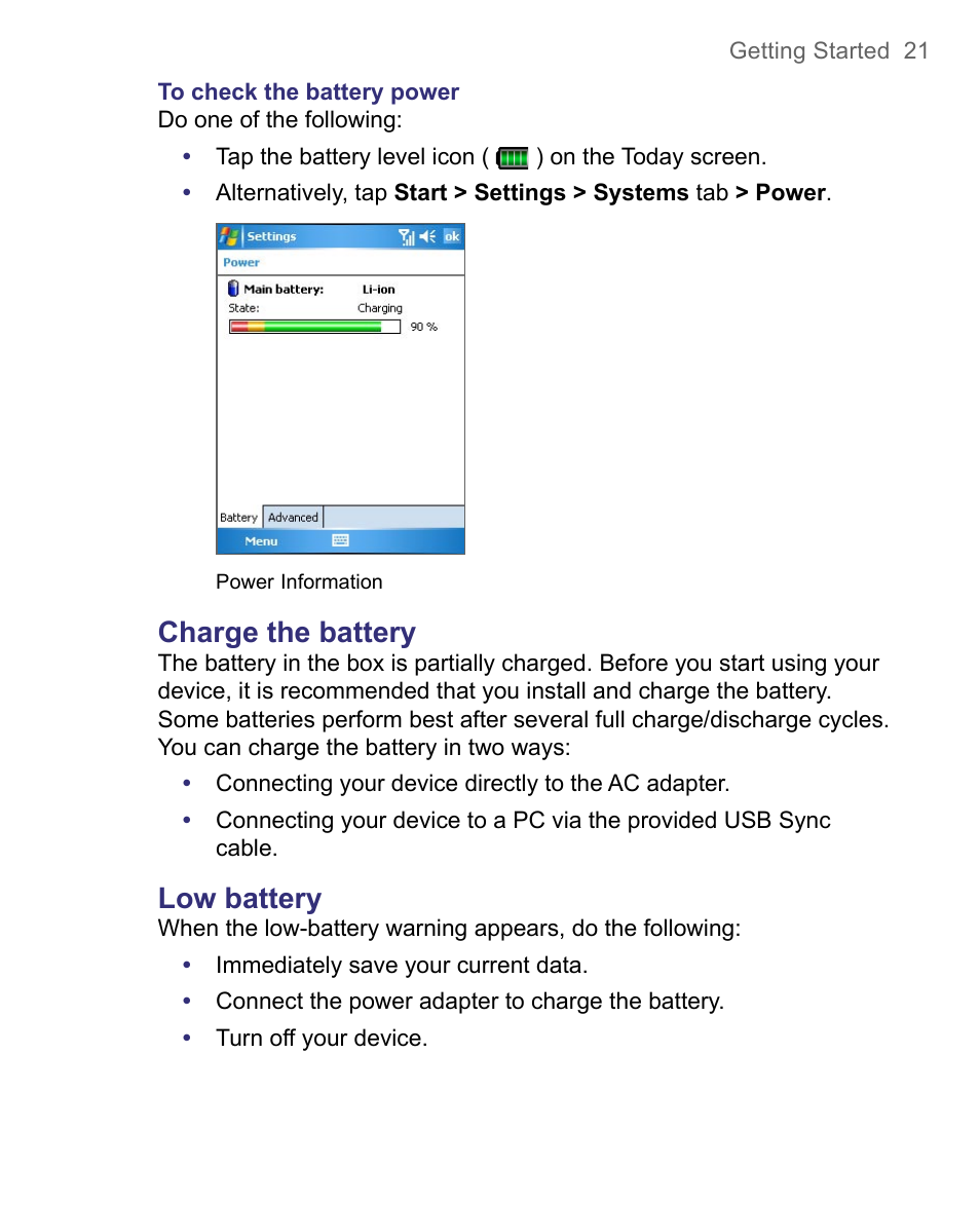 Charge the battery, Low battery | HTC 8500 User Manual | Page 21 / 212