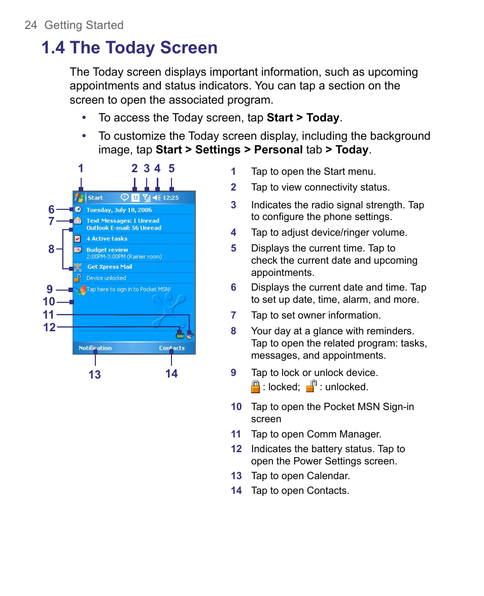 4 the today screen | HTC 8500 User Manual | Page 24 / 212