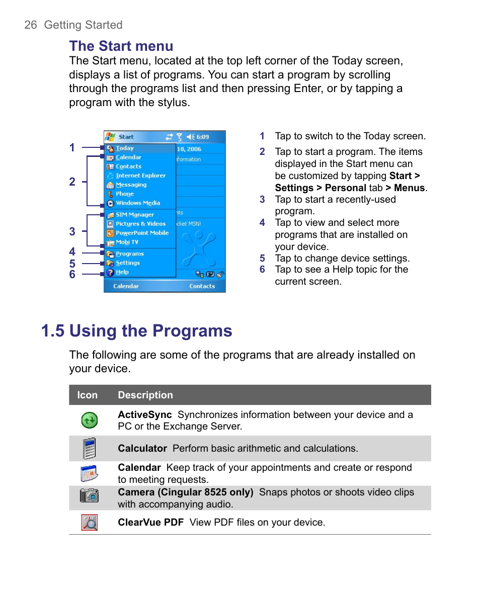 5 using the programs, The start menu | HTC 8500 User Manual | Page 26 / 212