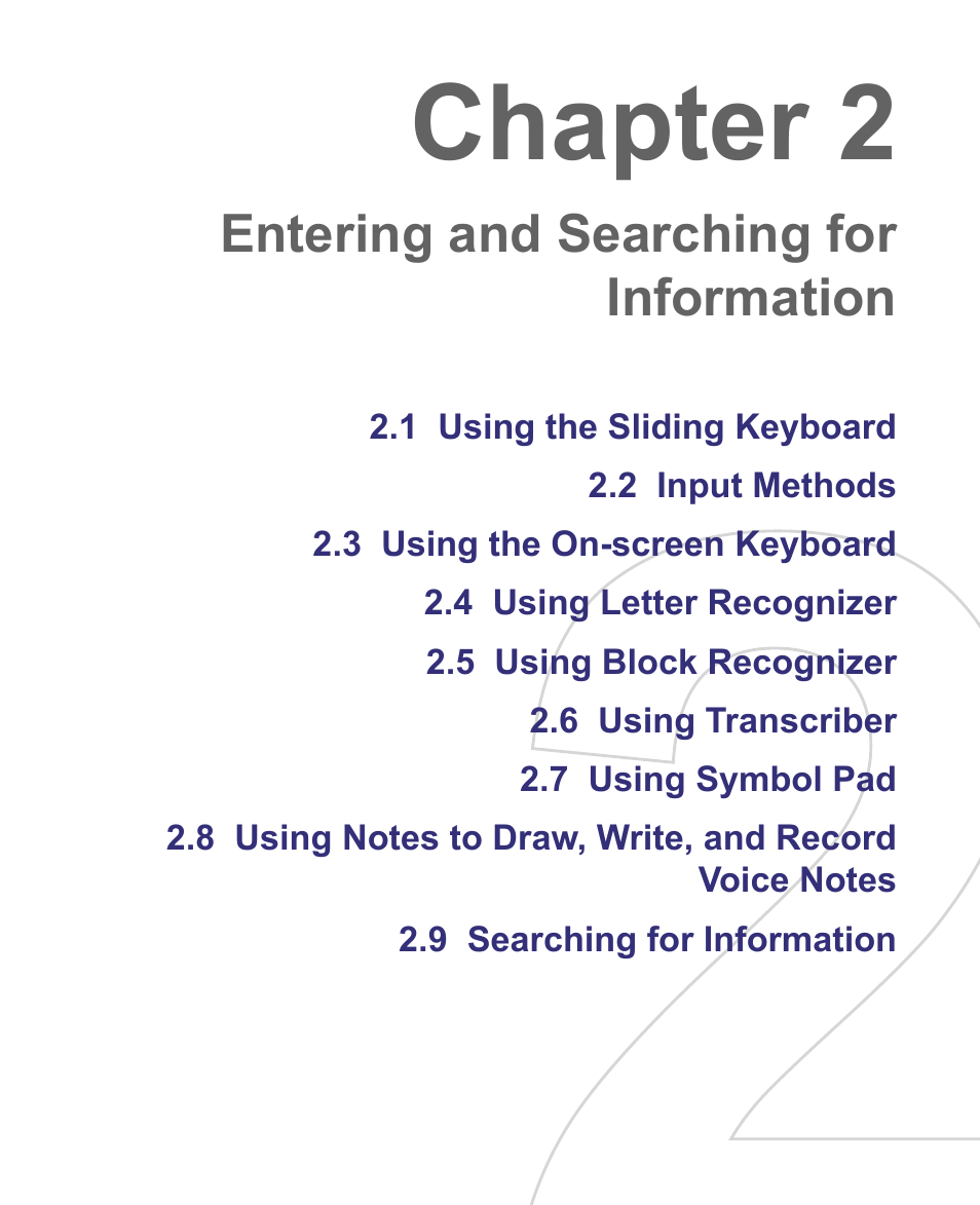 Chapter 2, Entering and searching for information | HTC 8500 User Manual | Page 33 / 212