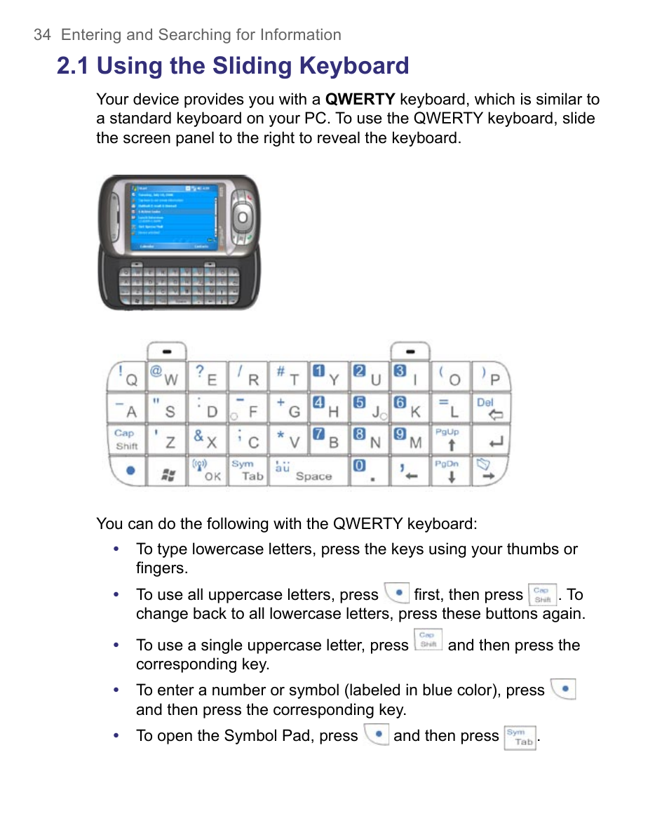 1 using the sliding keyboard | HTC 8500 User Manual | Page 34 / 212