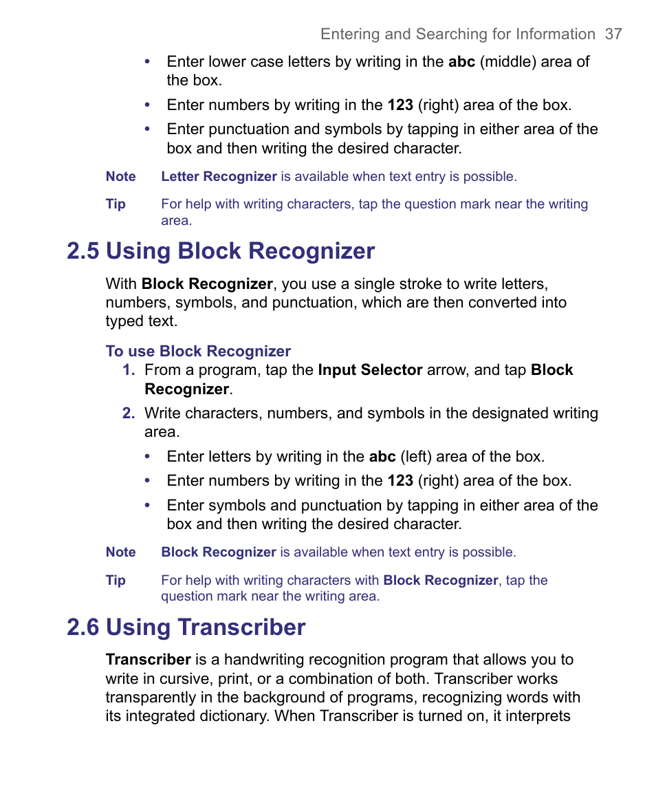 5 using block recognizer, 6 using transcriber | HTC 8500 User Manual | Page 37 / 212