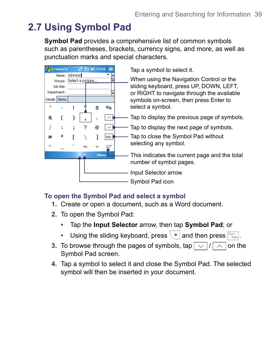 7 using symbol pad | HTC 8500 User Manual | Page 39 / 212