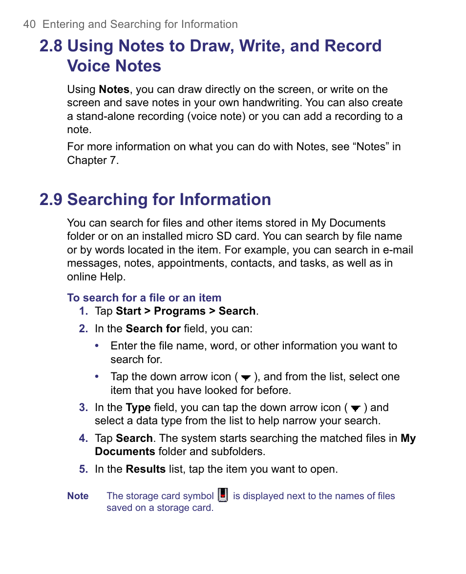 8 using notes to draw, write, and record, Voice notes, 9 searching for information | HTC 8500 User Manual | Page 40 / 212