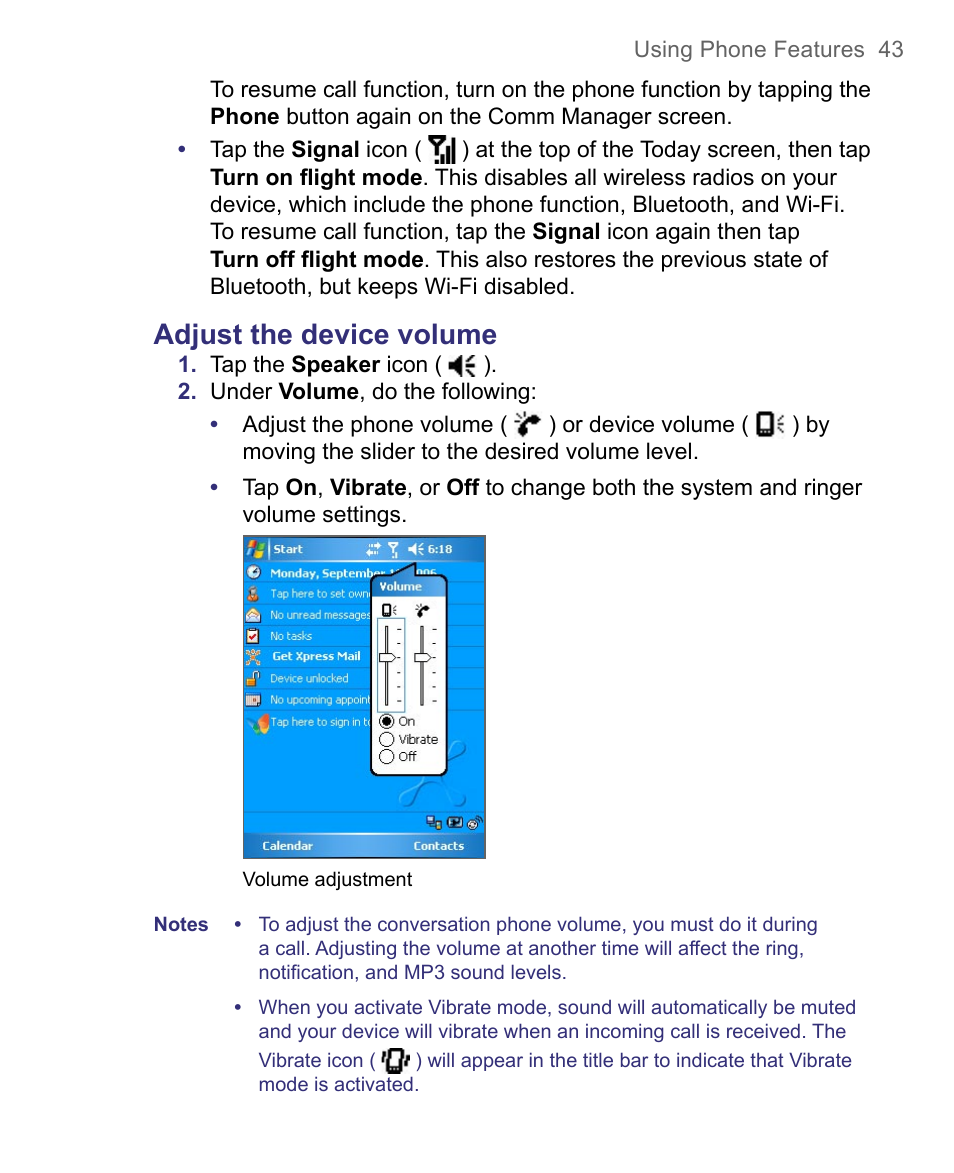 Adjust the device volume | HTC 8500 User Manual | Page 43 / 212